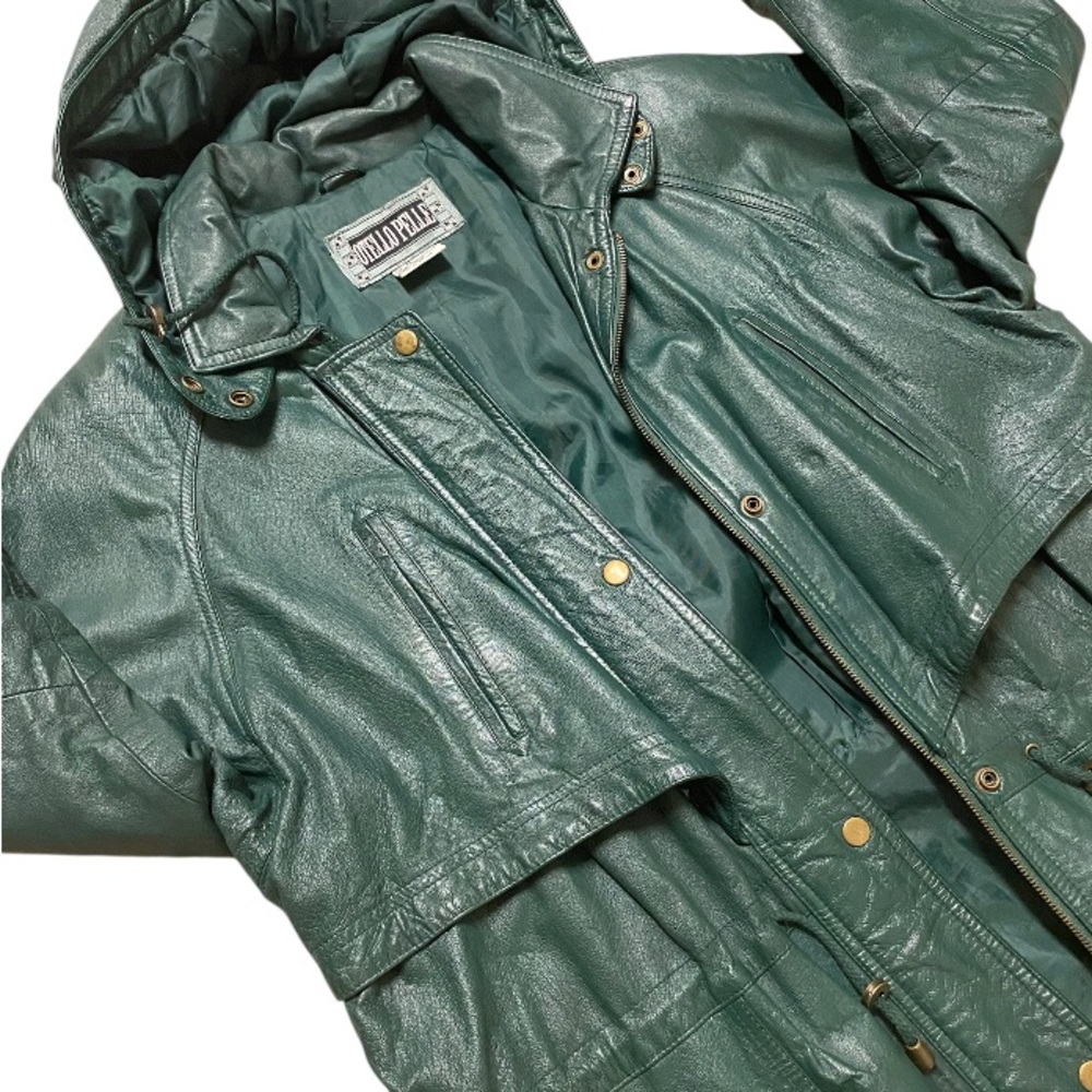 Vintage Otello Pelle Forest Green Leather Hooded Utility Jacket